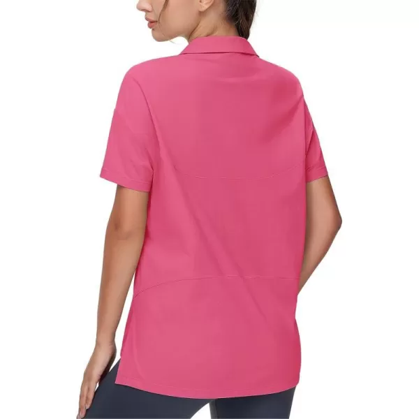 THE GYM PEOPLE Womens Loose fit Workout Polo Shirts Back Short Sleeve V Neck Tees Tops with Side SlitsBright Pink