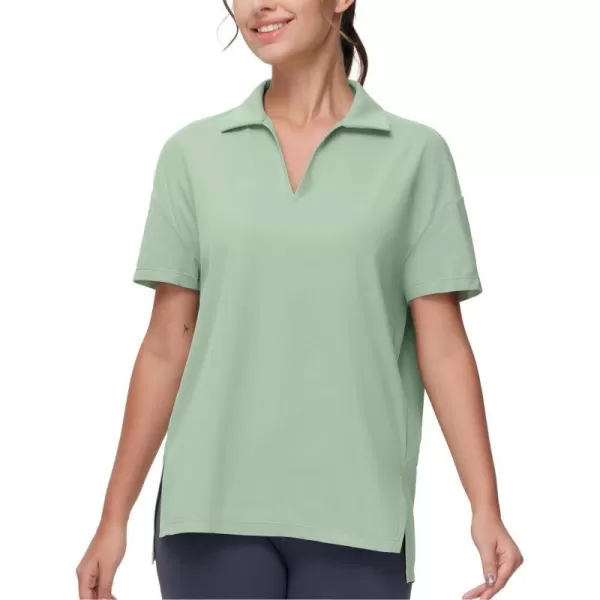 THE GYM PEOPLE Womens Loose fit Workout Polo Shirts Back Short Sleeve V Neck Tees Tops with Side SlitsLight Green