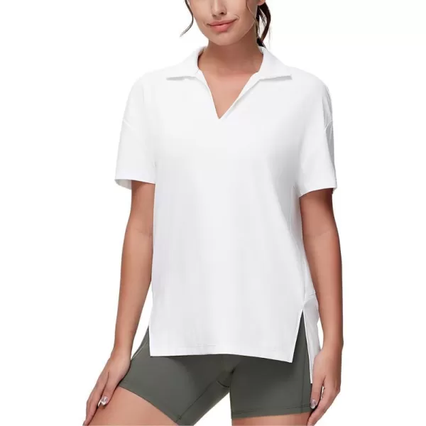 THE GYM PEOPLE Womens Loose fit Workout Polo Shirts Back Short Sleeve V Neck Tees Tops with Side SlitsWhite