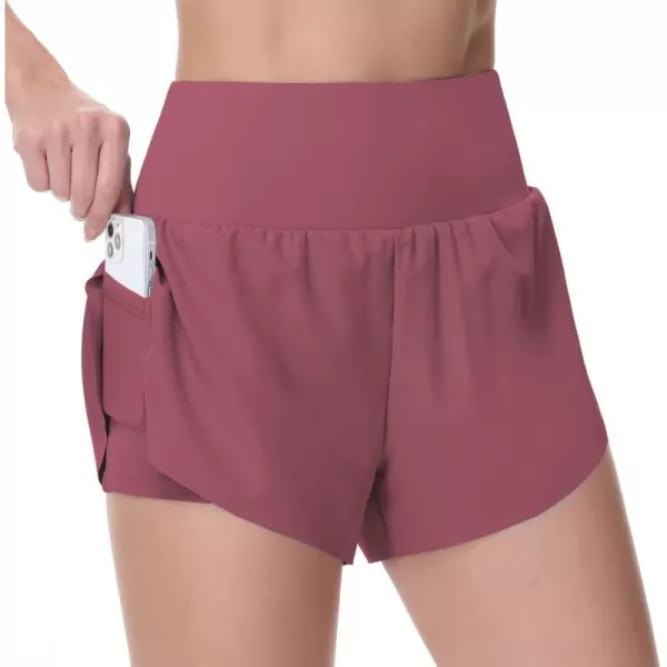 THE GYM PEOPLE Womens Quick Dry Running Shorts Mesh Liner High Waisted Tennis Workout Shorts Zipper PocketsRose Red