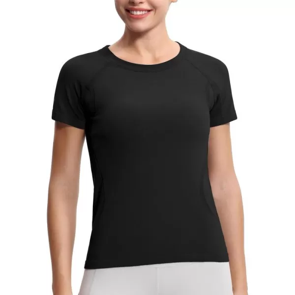 THE GYM PEOPLE Womens Seamless Workout TShirts Short Sleeve Slim Fit Shirts Breathable Running Tee TopsBlack