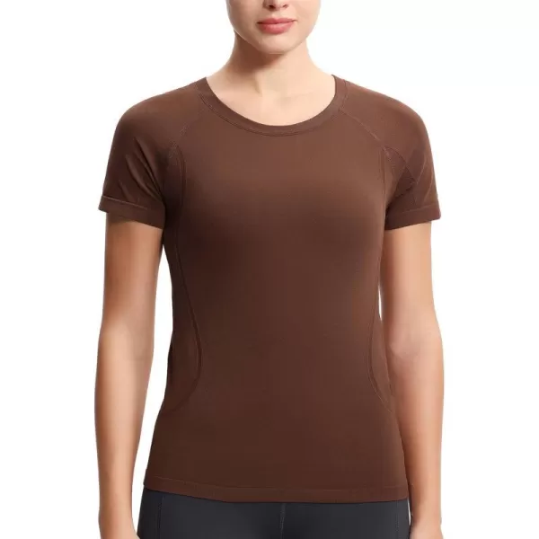 THE GYM PEOPLE Womens Seamless Workout TShirts Short Sleeve Slim Fit Shirts Breathable Running Tee TopsBrown