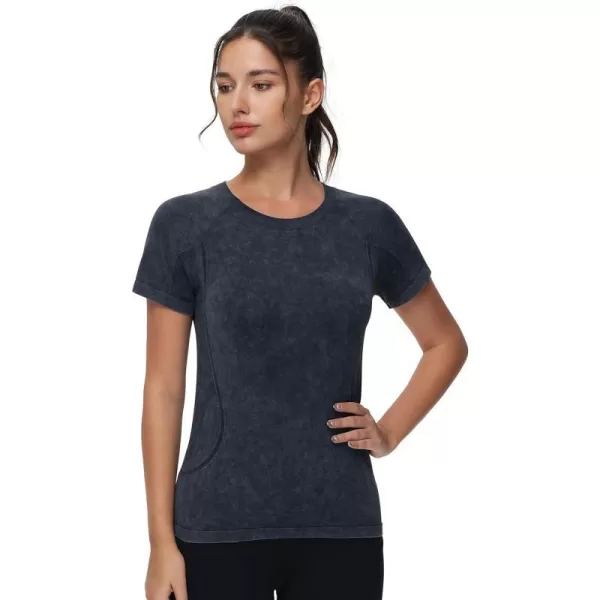THE GYM PEOPLE Womens Seamless Workout TShirts Short Sleeve Slim Fit Shirts Breathable Running Tee TopsHeather Black