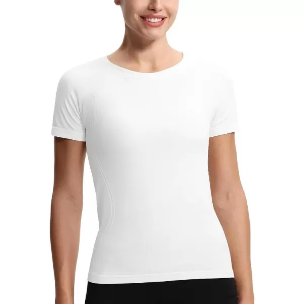 THE GYM PEOPLE Womens Seamless Workout TShirts Short Sleeve Slim Fit Shirts Breathable Running Tee TopsWhite