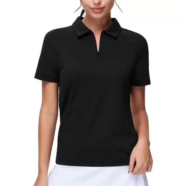 THE GYM PEOPLE Womens Short Sleeve Polo Shirts Zip Up Quick Dry Breathable Collared Golf Workout TopsBlack