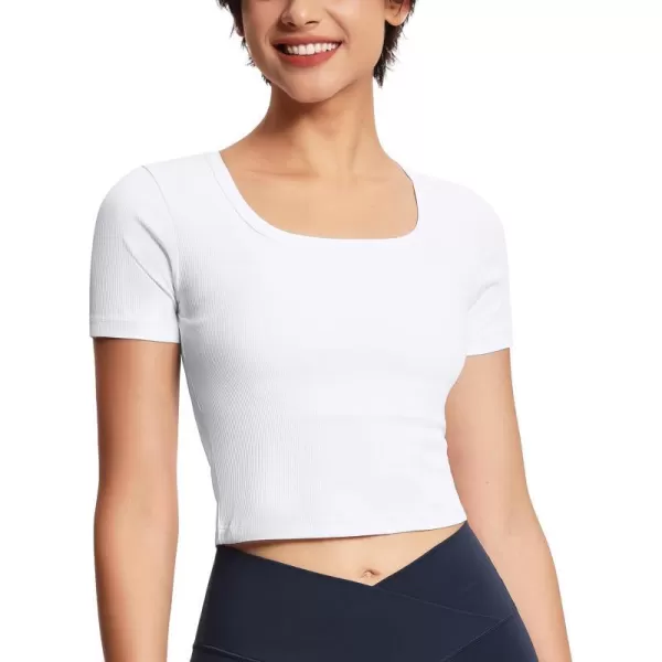 THE GYM PEOPLE Womens Square Neck Crop Tops Short Sleeve Ribbed Ice Silk Fabric Slim fit Workout TShirtWhite