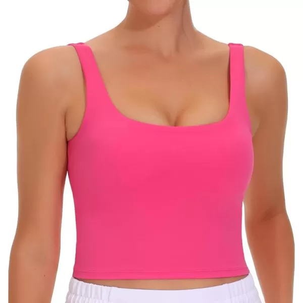 THE GYM PEOPLE Womens Square Neck Longline Sports Bra Workout Removable Padded Yoga Crop Tank TopsBright Pink