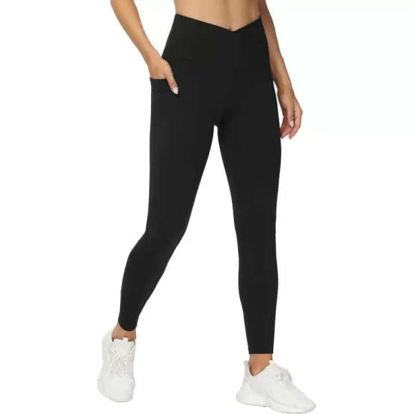 THE GYM PEOPLE Womens V Cross Waist Workout Leggings with Tummy Control and PocketsBlack