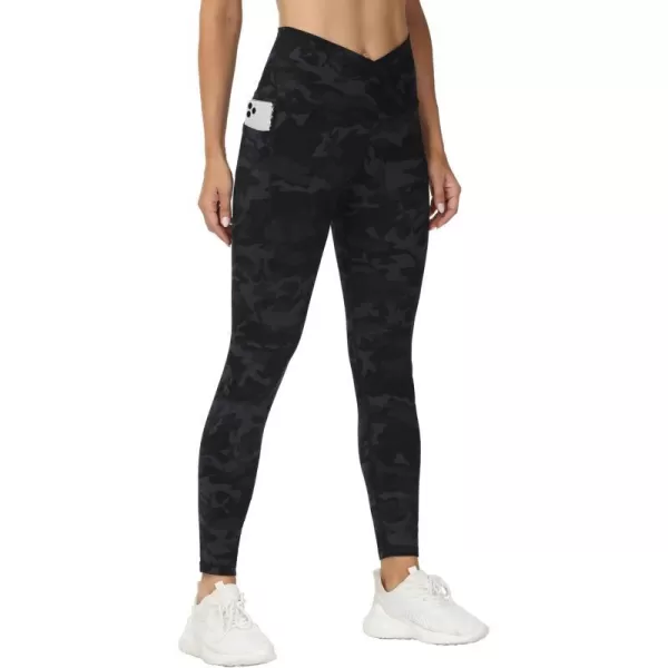 THE GYM PEOPLE Womens V Cross Waist Workout Leggings with Tummy Control and PocketsBlackgrey Camo