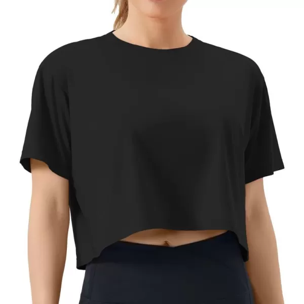 THE GYM PEOPLE Womens Workout Crop Top TShirt Short Sleeve Boxy Yoga Running Cropped Basic TeeBlack