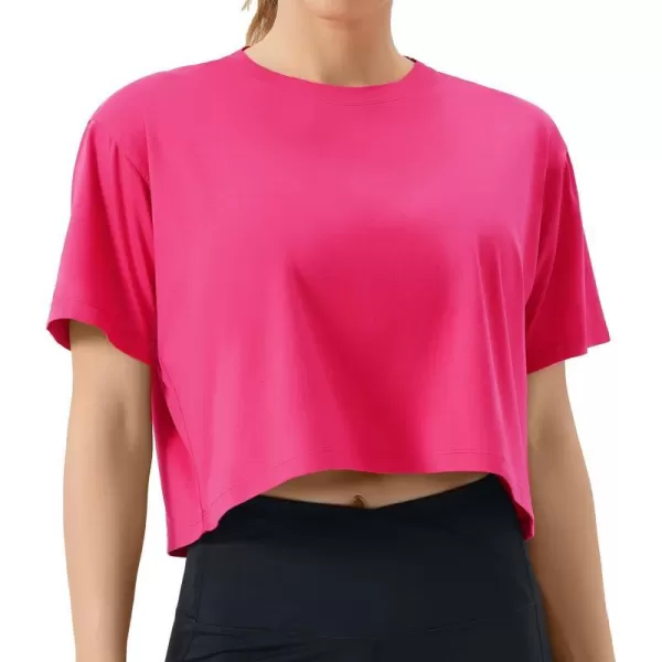 THE GYM PEOPLE Womens Workout Crop Top TShirt Short Sleeve Boxy Yoga Running Cropped Basic TeeBright Pink