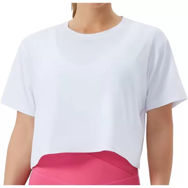 THE GYM PEOPLE Womens Workout Crop Top TShirt Short Sleeve Boxy Yoga Running Cropped Basic TeeWhite
