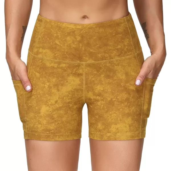 THE GYM PEOPLE High Waist Yoga Shorts for WomensnbspTummy Control Fitness Athletic Workout Running Shorts with Deep PocketsTie Dye Yellow