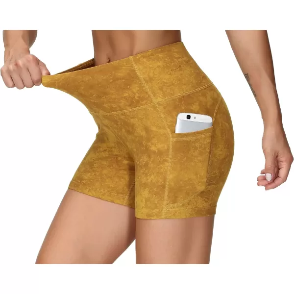 THE GYM PEOPLE High Waist Yoga Shorts for WomensnbspTummy Control Fitness Athletic Workout Running Shorts with Deep PocketsTie Dye Yellow