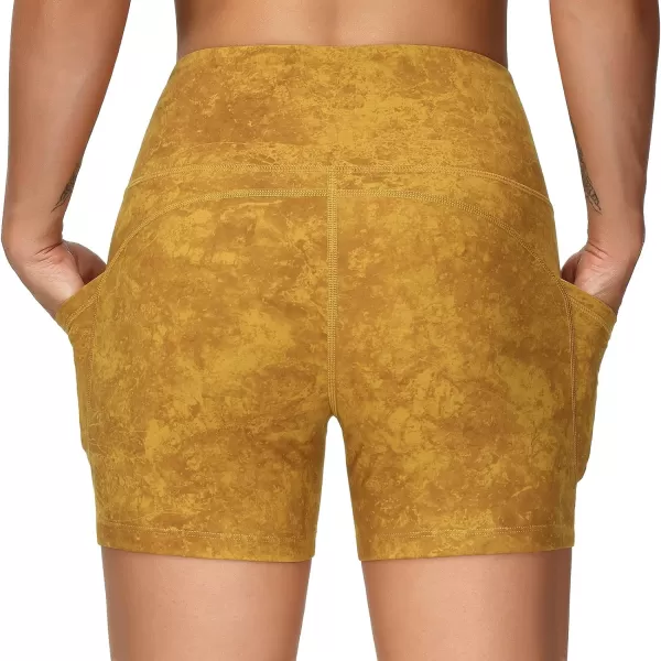 THE GYM PEOPLE High Waist Yoga Shorts for WomensnbspTummy Control Fitness Athletic Workout Running Shorts with Deep PocketsTie Dye Yellow