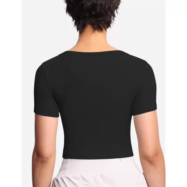 THE GYM PEOPLE Womens Cute Crop TShirts Short Sleeve Ribbed Ice Silk Slim Fit Casual Tee TopsBlack