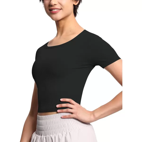 THE GYM PEOPLE Womens Cute Crop TShirts Short Sleeve Ribbed Ice Silk Slim Fit Casual Tee TopsBlack