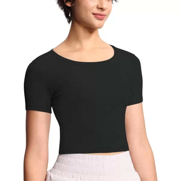 THE GYM PEOPLE Womens Cute Crop TShirts Short Sleeve Ribbed Ice Silk Slim Fit Casual Tee TopsBlack