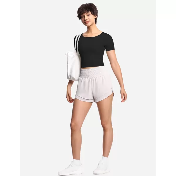 THE GYM PEOPLE Womens Cute Crop TShirts Short Sleeve Ribbed Ice Silk Slim Fit Casual Tee TopsBlack