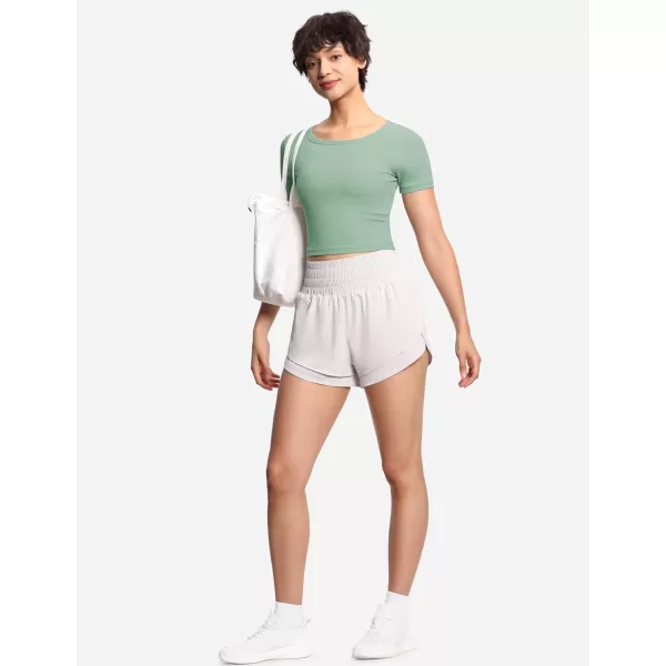 THE GYM PEOPLE Womens Cute Crop TShirts Short Sleeve Ribbed Ice Silk Slim Fit Casual Tee TopsJasmine Green