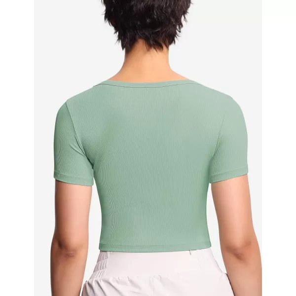THE GYM PEOPLE Womens Cute Crop TShirts Short Sleeve Ribbed Ice Silk Slim Fit Casual Tee TopsJasmine Green