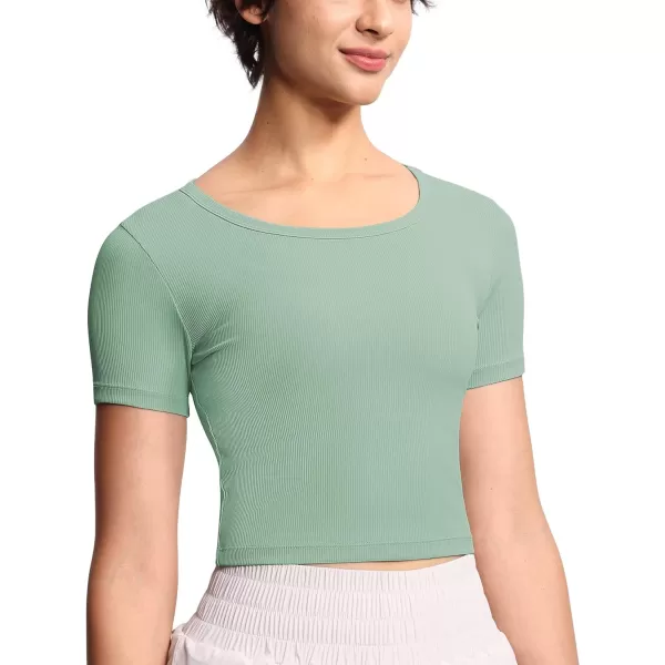 THE GYM PEOPLE Womens Cute Crop TShirts Short Sleeve Ribbed Ice Silk Slim Fit Casual Tee TopsJasmine Green