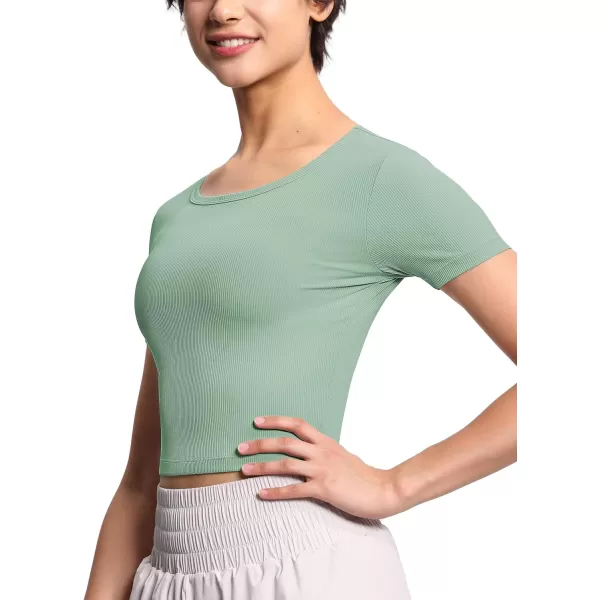 THE GYM PEOPLE Womens Cute Crop TShirts Short Sleeve Ribbed Ice Silk Slim Fit Casual Tee TopsJasmine Green