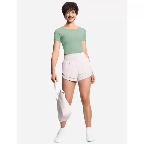 THE GYM PEOPLE Womens Cute Crop TShirts Short Sleeve Ribbed Ice Silk Slim Fit Casual Tee TopsJasmine Green