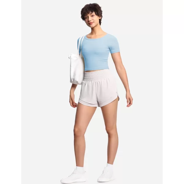 THE GYM PEOPLE Womens Cute Crop TShirts Short Sleeve Ribbed Ice Silk Slim Fit Casual Tee TopsLight Blue