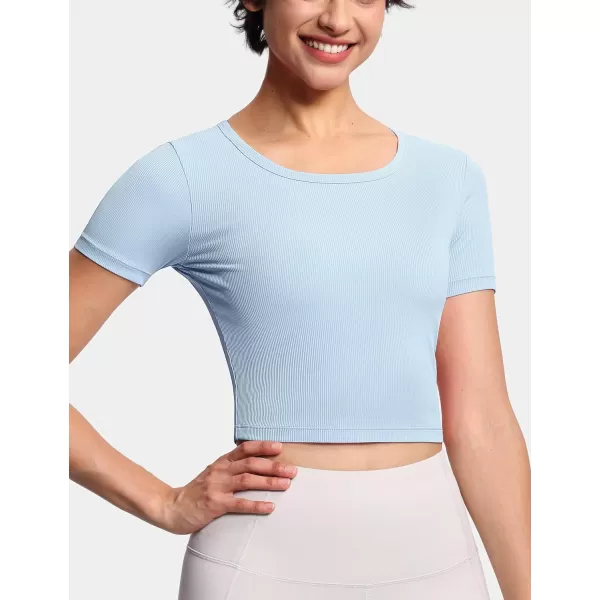 THE GYM PEOPLE Womens Cute Crop TShirts Short Sleeve Ribbed Ice Silk Slim Fit Casual Tee TopsLight Blue