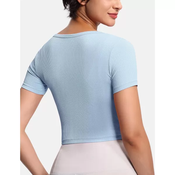 THE GYM PEOPLE Womens Cute Crop TShirts Short Sleeve Ribbed Ice Silk Slim Fit Casual Tee TopsLight Blue