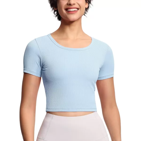 THE GYM PEOPLE Womens Cute Crop TShirts Short Sleeve Ribbed Ice Silk Slim Fit Casual Tee TopsLight Blue