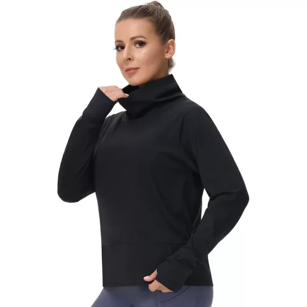THE GYM PEOPLE Womens Long Sleeve Cowl Neck Loose Fit Workout Hiking Pullover Sweatshirt With PocketsBlack