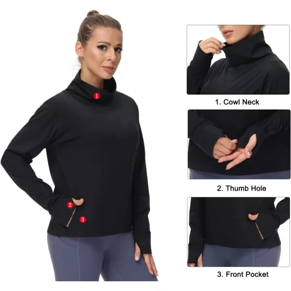 THE GYM PEOPLE Womens Long Sleeve Cowl Neck Loose Fit Workout Hiking Pullover Sweatshirt With PocketsBlack
