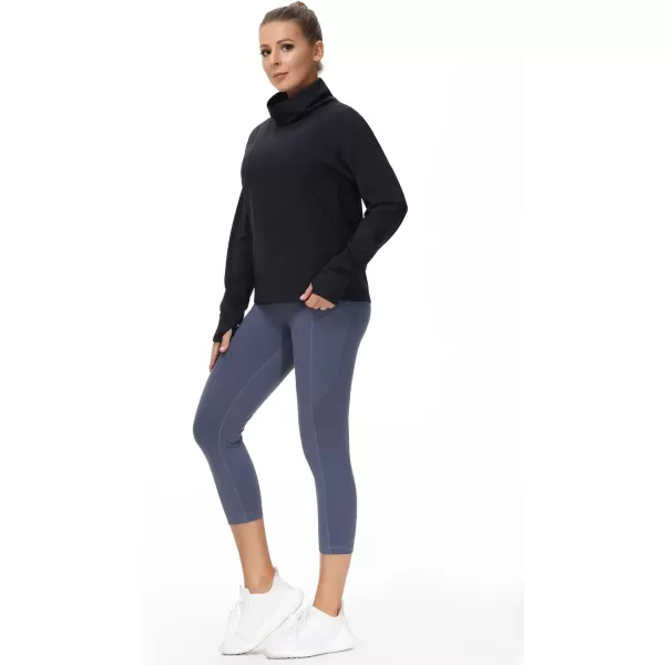 THE GYM PEOPLE Womens Long Sleeve Cowl Neck Loose Fit Workout Hiking Pullover Sweatshirt With PocketsBlack