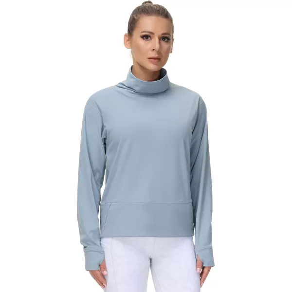 THE GYM PEOPLE Womens Long Sleeve Cowl Neck Loose Fit Workout Hiking Pullover Sweatshirt With PocketsDenim Blue