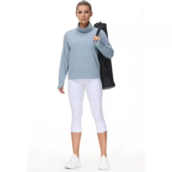 THE GYM PEOPLE Womens Long Sleeve Cowl Neck Loose Fit Workout Hiking Pullover Sweatshirt With PocketsDenim Blue