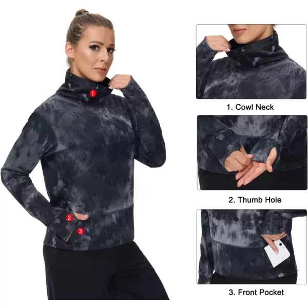 THE GYM PEOPLE Womens Long Sleeve Cowl Neck Loose Fit Workout Hiking Pullover Sweatshirt With PocketsTie Dye Black Grey