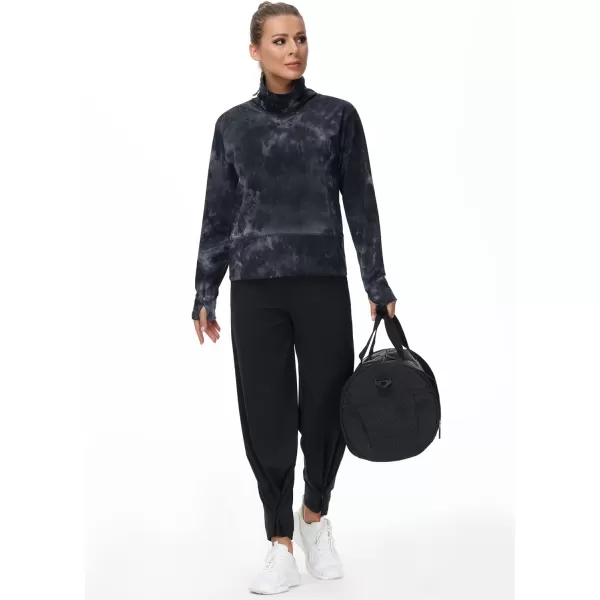 THE GYM PEOPLE Womens Long Sleeve Cowl Neck Loose Fit Workout Hiking Pullover Sweatshirt With PocketsTie Dye Black Grey