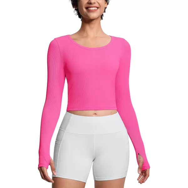 THE GYM PEOPLE Womens Long Sleeve Crop Tops Ribbed Ice Silk Slim Workout Shirts with Thumb HoleBright Pink