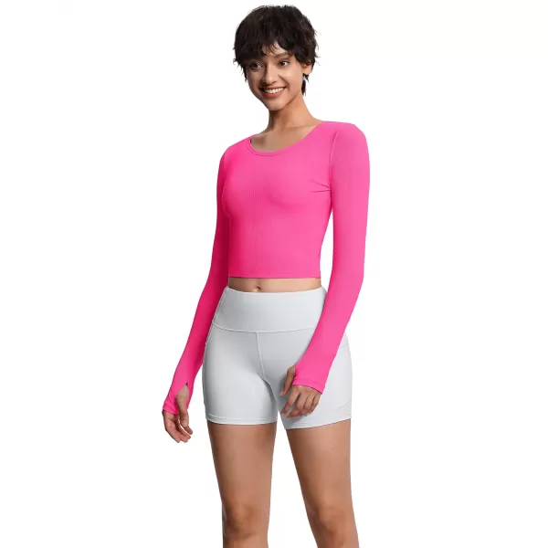 THE GYM PEOPLE Womens Long Sleeve Crop Tops Ribbed Ice Silk Slim Workout Shirts with Thumb HoleBright Pink