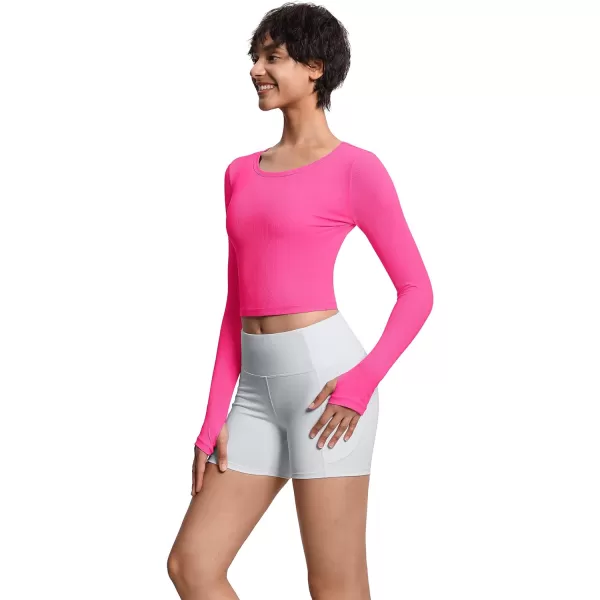 THE GYM PEOPLE Womens Long Sleeve Crop Tops Ribbed Ice Silk Slim Workout Shirts with Thumb HoleBright Pink