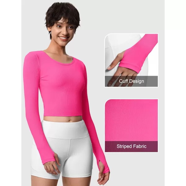 THE GYM PEOPLE Womens Long Sleeve Crop Tops Ribbed Ice Silk Slim Workout Shirts with Thumb HoleBright Pink
