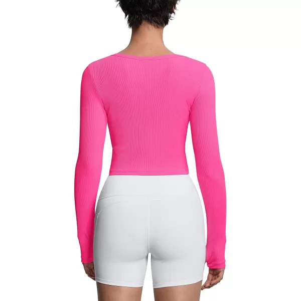 THE GYM PEOPLE Womens Long Sleeve Crop Tops Ribbed Ice Silk Slim Workout Shirts with Thumb HoleBright Pink