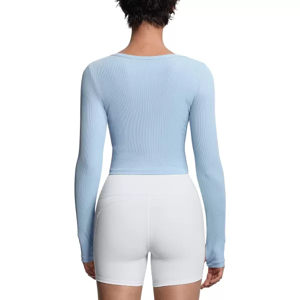 THE GYM PEOPLE Womens Long Sleeve Crop Tops Ribbed Ice Silk Slim Workout Shirts with Thumb HoleLight Blue