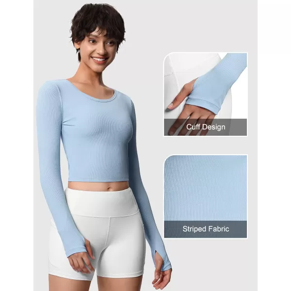 THE GYM PEOPLE Womens Long Sleeve Crop Tops Ribbed Ice Silk Slim Workout Shirts with Thumb HoleLight Blue