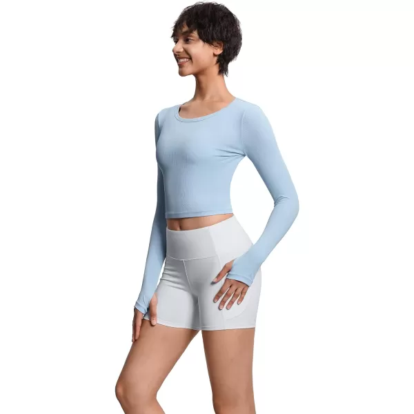 THE GYM PEOPLE Womens Long Sleeve Crop Tops Ribbed Ice Silk Slim Workout Shirts with Thumb HoleLight Blue