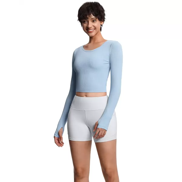 THE GYM PEOPLE Womens Long Sleeve Crop Tops Ribbed Ice Silk Slim Workout Shirts with Thumb HoleLight Blue