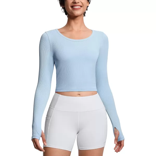 THE GYM PEOPLE Womens Long Sleeve Crop Tops Ribbed Ice Silk Slim Workout Shirts with Thumb HoleLight Blue