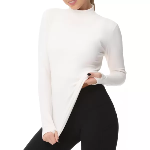 THE GYM PEOPLE Womens Mock Turtleneck Long Sleeve Shirts Fleece Thermal Underwear Pullover Tops with Thumb HoleBeige